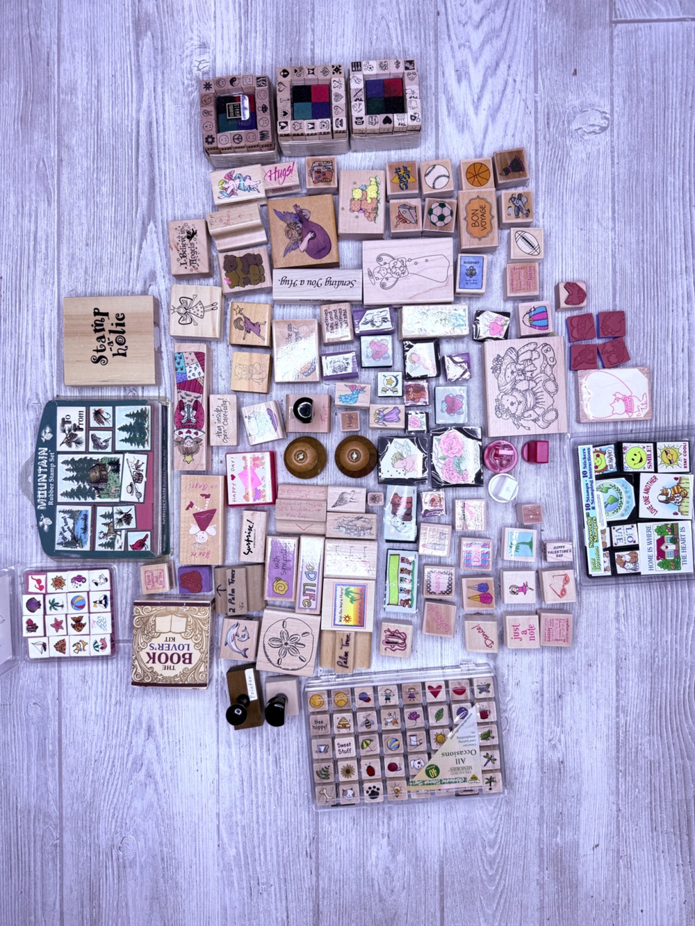 222 mostly wooden rubber crafting stamps scrapbook costal / random / angle mix